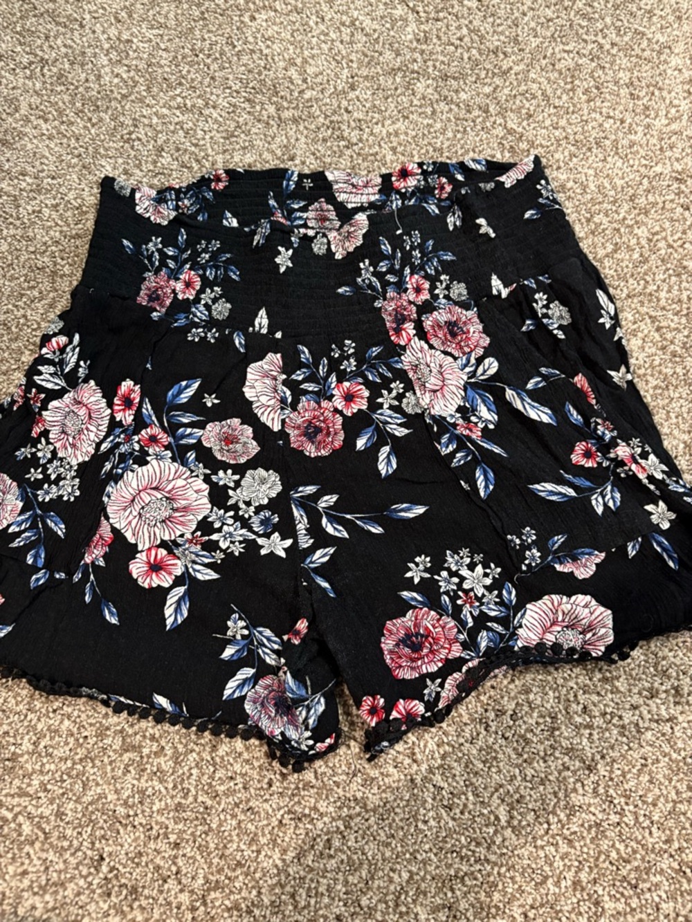 Floral Black High-Waist Smocked Women's Shorts